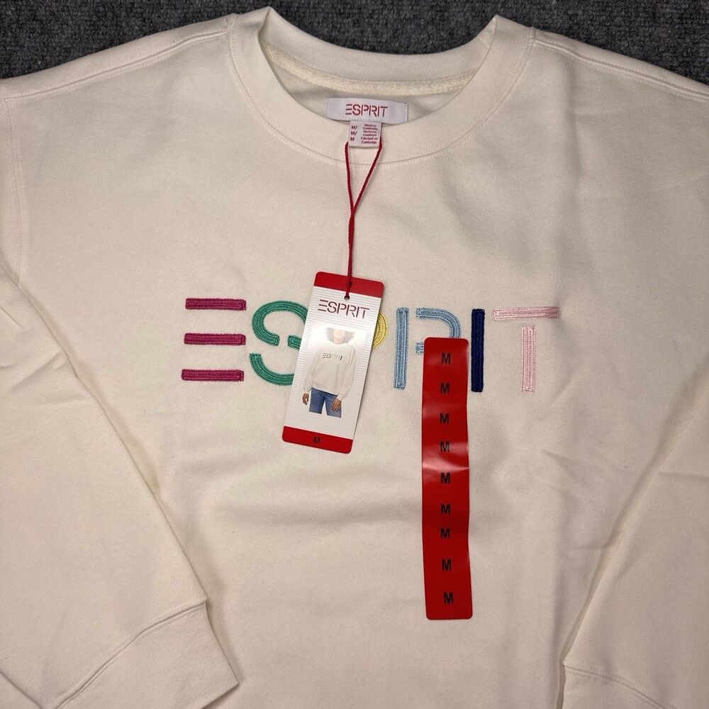 Esprit Women's Logo Fleece Crewneck Sweatshirt Cream Viral 80's Costco Med NEW - Picture 4 of 6